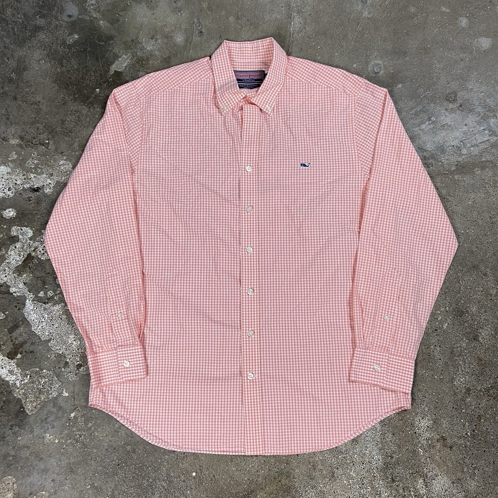 Vineyard Vines Button Down Whale Shirt Size Large Pink Check Slim Fit Casual Fit